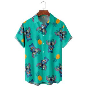 Disney Hawaiian Shirt Summer Beach Stitch Disney Pineapple Pattern Aloha Button Up Shirt