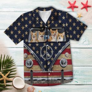 Pembroke Welsh Corgi Flag Bus Multicolor Unique Design Hippie Hawaiian Shirt Beachwear For Men Gifts For Young Adults